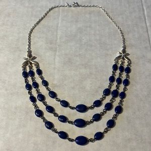 Blue Oval Beaded Three Strands Necklace